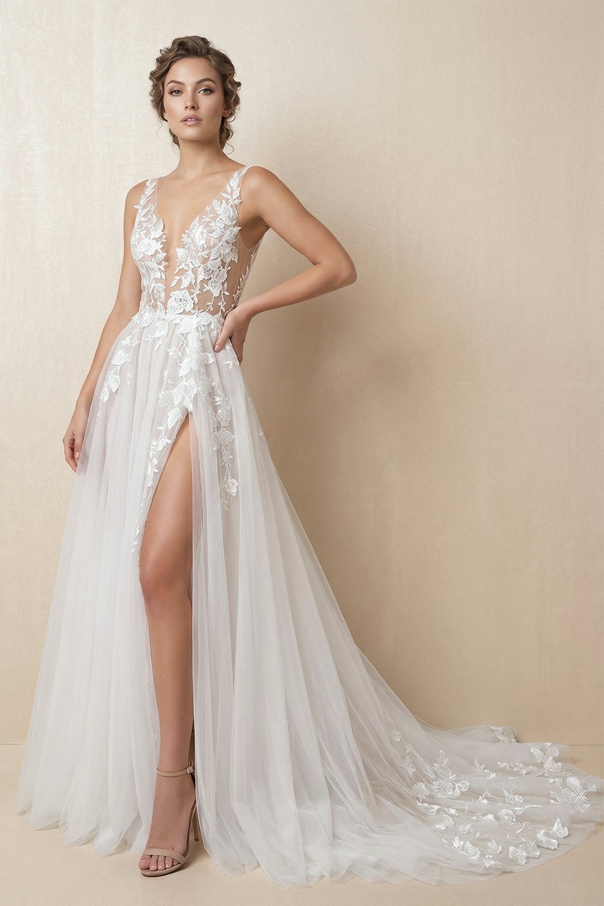 Attractive Illusion Deep V Neck Lace Appliques Boho Wedding Dress with Slit