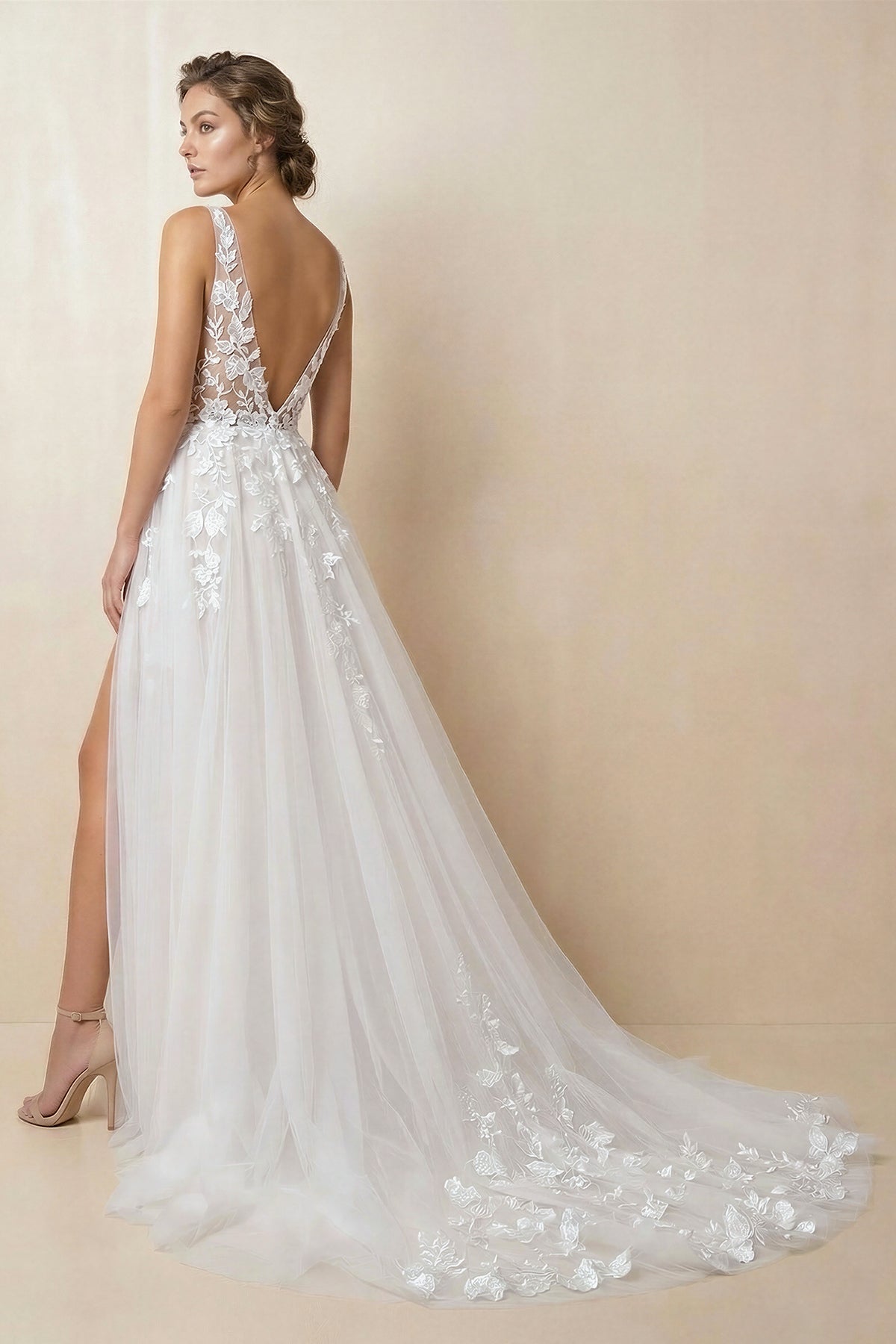 Attractive Illusion Deep V Neck Lace Appliques Boho Wedding Dress with Slit