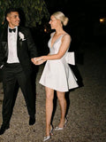 A-Line White Satin V-Neck Short Wedding Dress with Bow