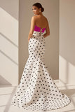 White Sweetheart Polka Dots Satin Mermaid Long Formal Prom Dresses With Flower