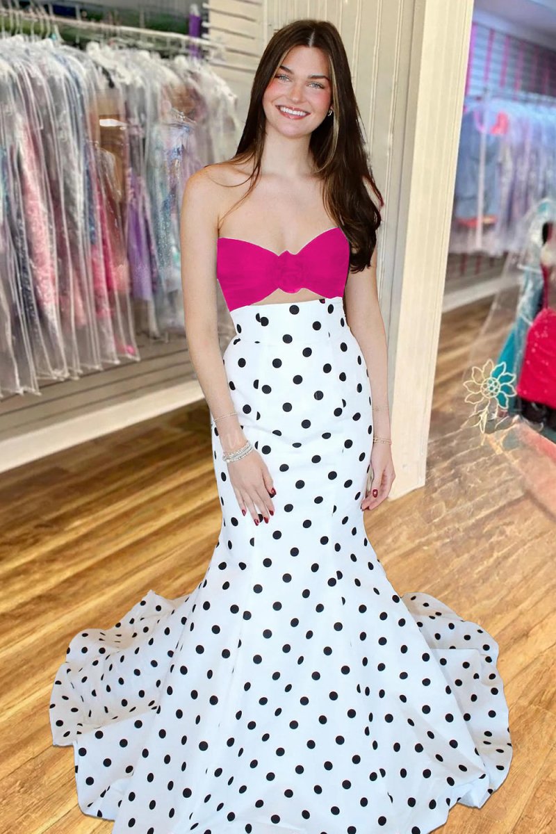 White Sweetheart Polka Dots Satin Mermaid Long Formal Prom Dresses With Flower