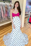 White Sweetheart Polka Dots Satin Mermaid Long Formal Prom Dresses With Flower