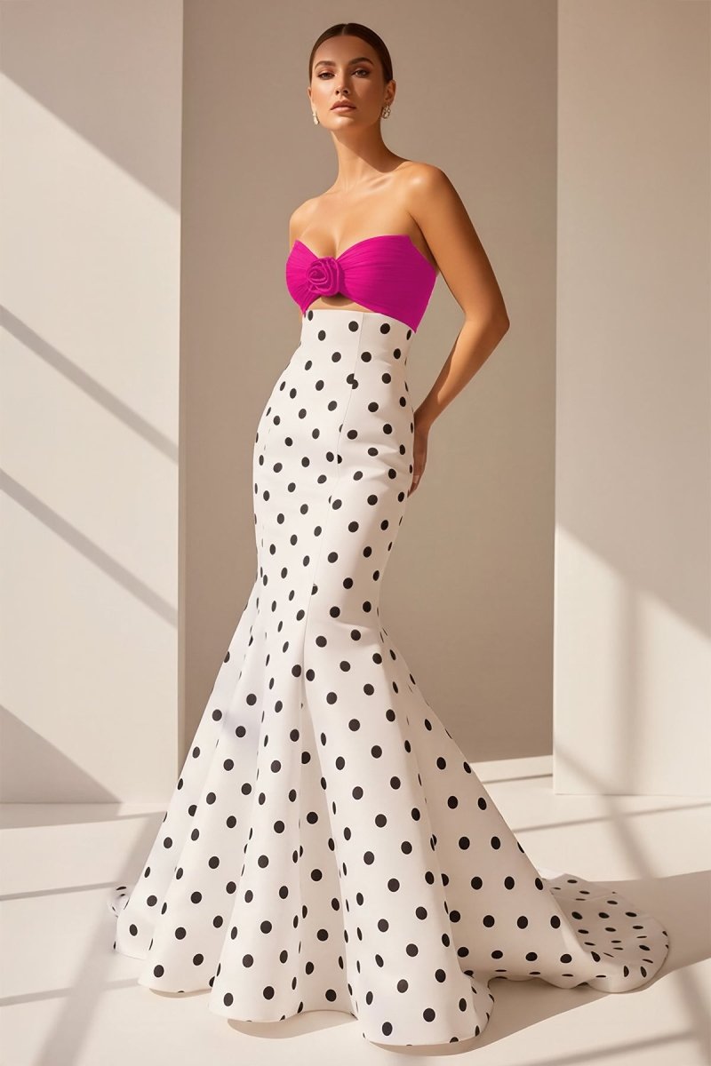 White Sweetheart Polka Dots Satin Mermaid Long Formal Prom Dresses With Flower