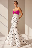 White Sweetheart Polka Dots Satin Mermaid Long Formal Prom Dresses With Flower