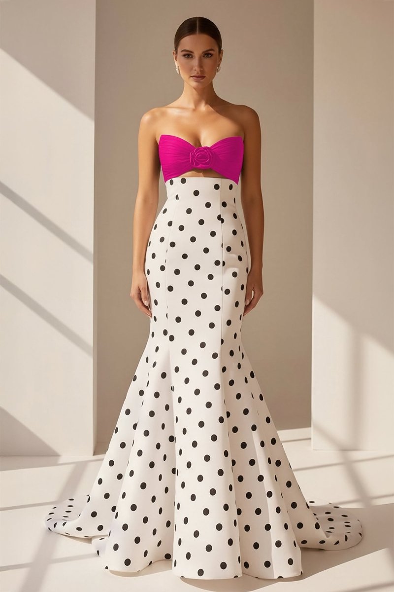 White Sweetheart Polka Dots Satin Mermaid Long Formal Prom Dresses With Flower