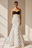 White Sweetheart Polka Dots Satin Mermaid Long Formal Prom Dresses With Flower