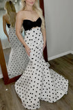 White Sweetheart Polka Dots Satin Mermaid Long Formal Prom Dresses With Flower