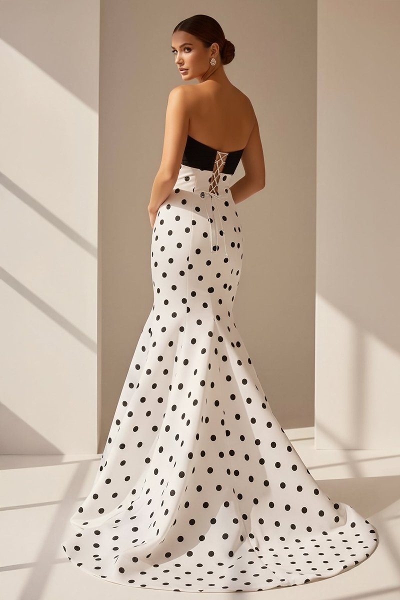 White Sweetheart Polka Dots Satin Mermaid Long Formal Prom Dresses With Flower