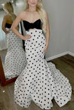 White Sweetheart Polka Dots Satin Mermaid Long Formal Prom Dresses With Flower