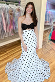 White Sweetheart Polka Dots Satin Mermaid Long Formal Prom Dresses With Flower