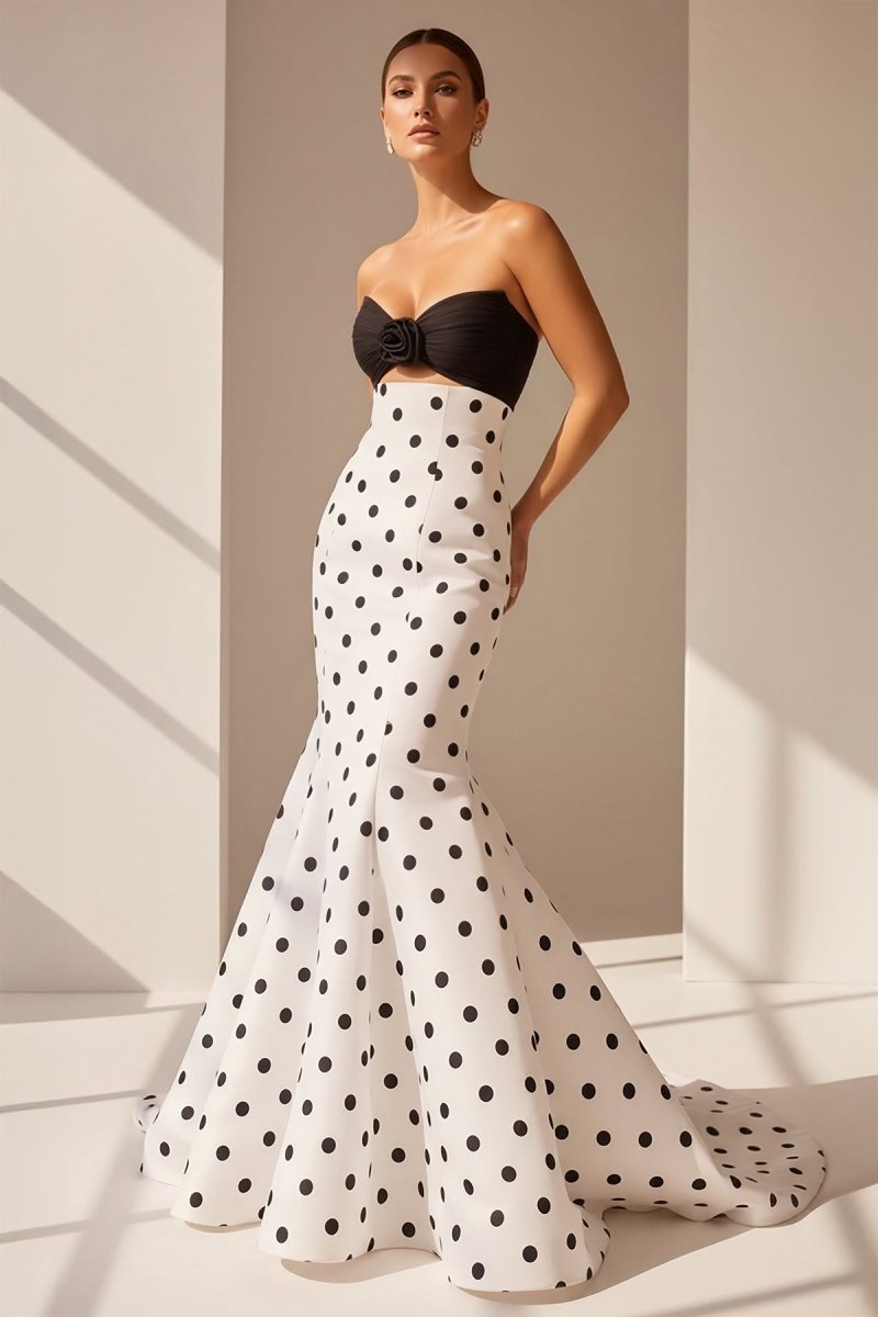 White Sweetheart Polka Dots Satin Mermaid Long Formal Prom Dresses With Flower