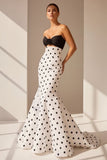 White Sweetheart Polka Dots Satin Mermaid Long Formal Prom Dresses With Flower