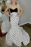 White Sweetheart Polka Dots Satin Mermaid Long Formal Prom Dresses With Flower