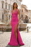 Mermaid Deep Halter Yellow Satin Long Prom Dresses with Slit