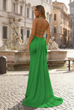 Mermaid Deep Halter Yellow Satin Long Prom Dresses with Slit