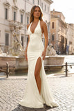Mermaid Deep Halter Yellow Satin Long Prom Dresses with Slit