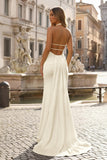 Mermaid Deep Halter Yellow Satin Long Prom Dresses with Slit
