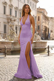 Mermaid Deep Halter Yellow Satin Long Prom Dresses with Slit