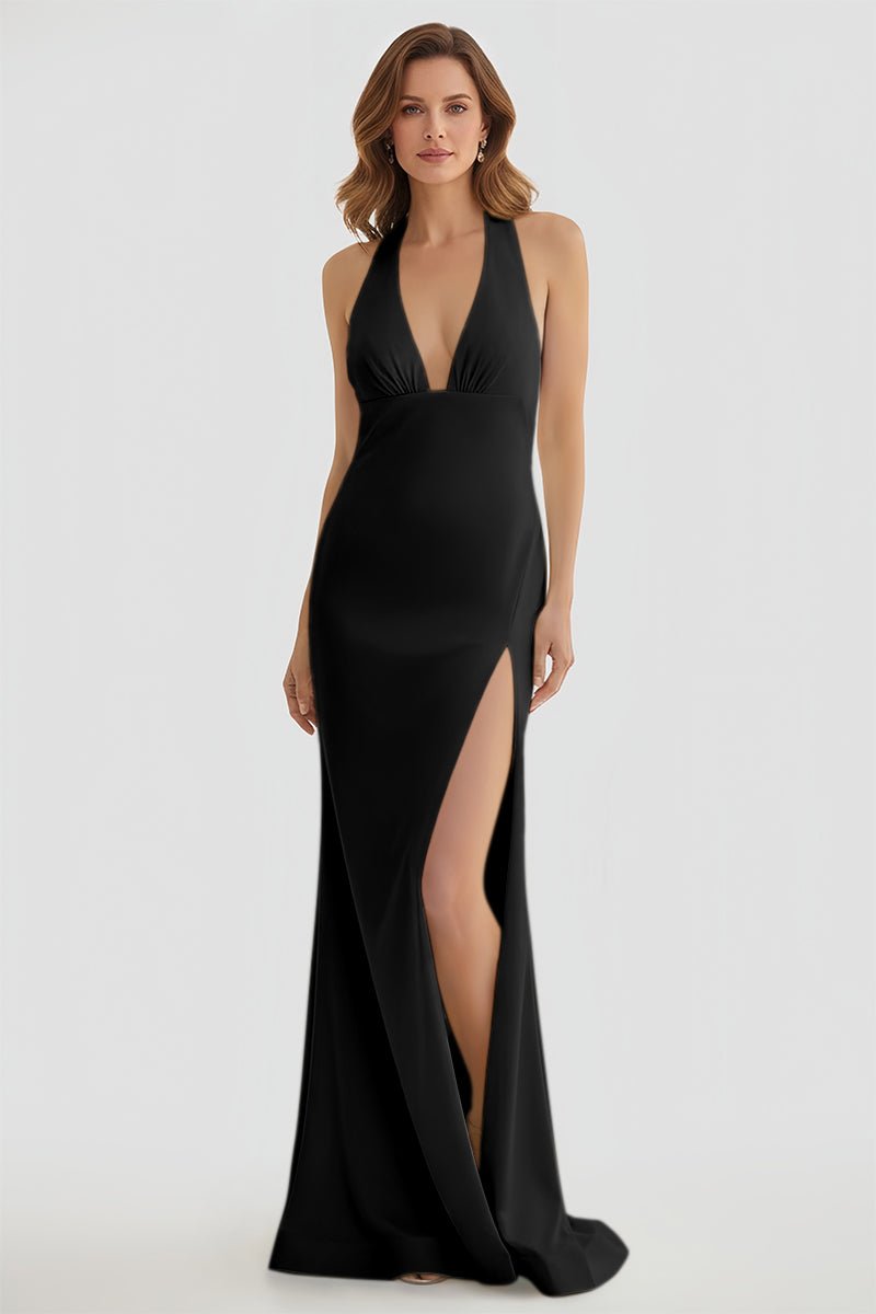 Mermaid Deep Halter Yellow Satin Long Prom Dresses with Slit