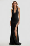 Mermaid Deep Halter Yellow Satin Long Prom Dresses with Slit
