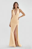 Mermaid Deep Halter Yellow Satin Long Prom Dresses with Slit