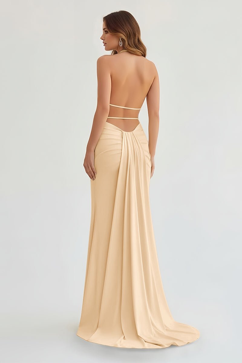 Mermaid Deep Halter Yellow Satin Long Prom Dresses with Slit
