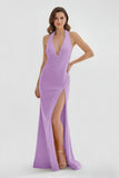 Mermaid Deep Halter Yellow Satin Long Prom Dresses with Slit