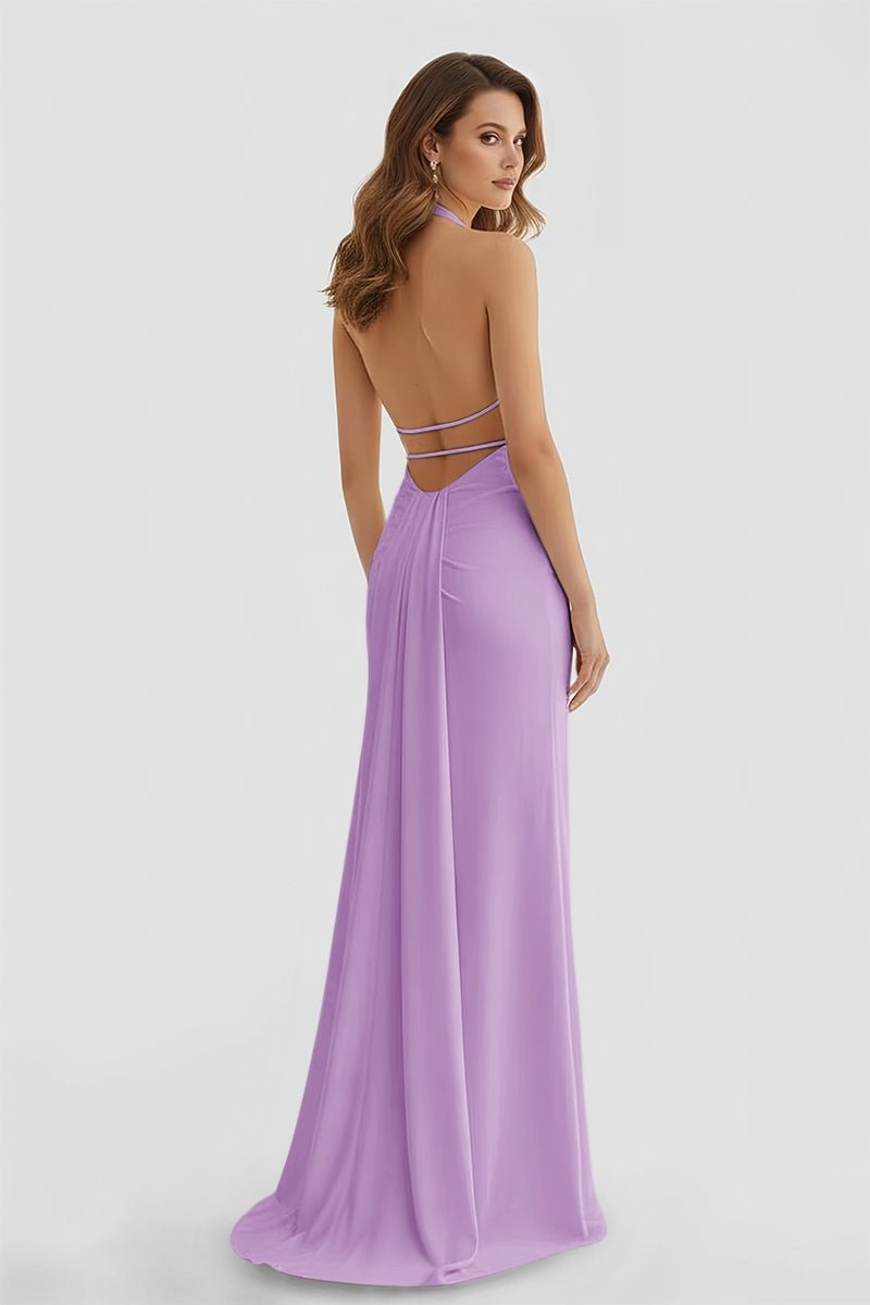 Mermaid Deep Halter Yellow Satin Long Prom Dresses with Slit