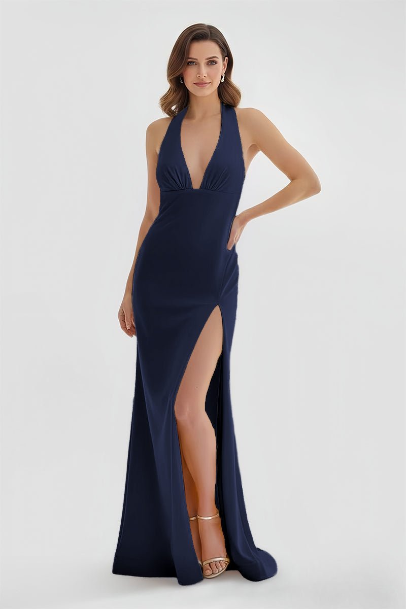 Mermaid Deep Halter Yellow Satin Long Prom Dresses with Slit