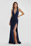 Mermaid Deep Halter Yellow Satin Long Prom Dresses with Slit