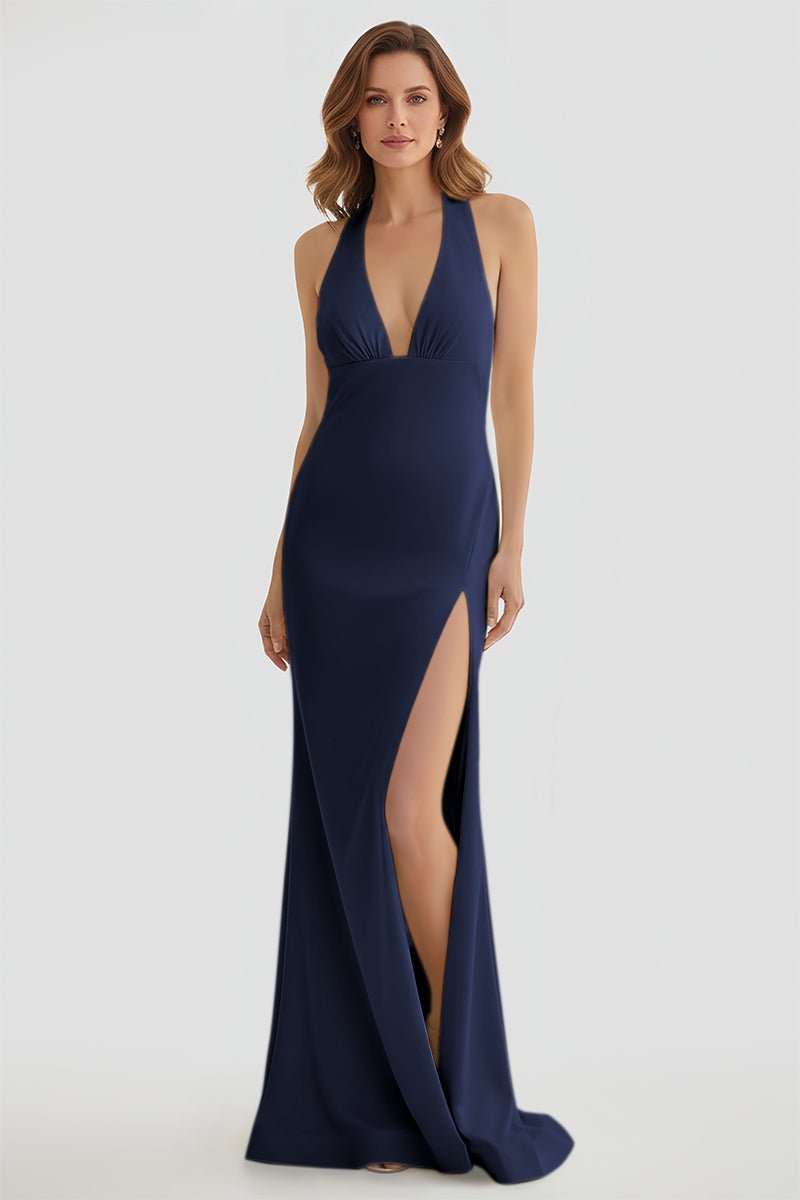 Mermaid Deep Halter Yellow Satin Long Prom Dresses with Slit