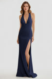 Mermaid Deep Halter Yellow Satin Long Prom Dresses with Slit