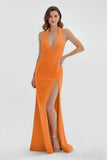 Mermaid Deep Halter Yellow Satin Long Prom Dresses with Slit