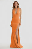 Mermaid Deep Halter Yellow Satin Long Prom Dresses with Slit