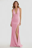 Mermaid Deep Halter Yellow Satin Long Prom Dresses with Slit