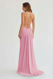 Mermaid Deep Halter Yellow Satin Long Prom Dresses with Slit