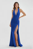 Mermaid Deep Halter Yellow Satin Long Prom Dresses with Slit
