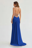 Mermaid Deep Halter Yellow Satin Long Prom Dresses with Slit