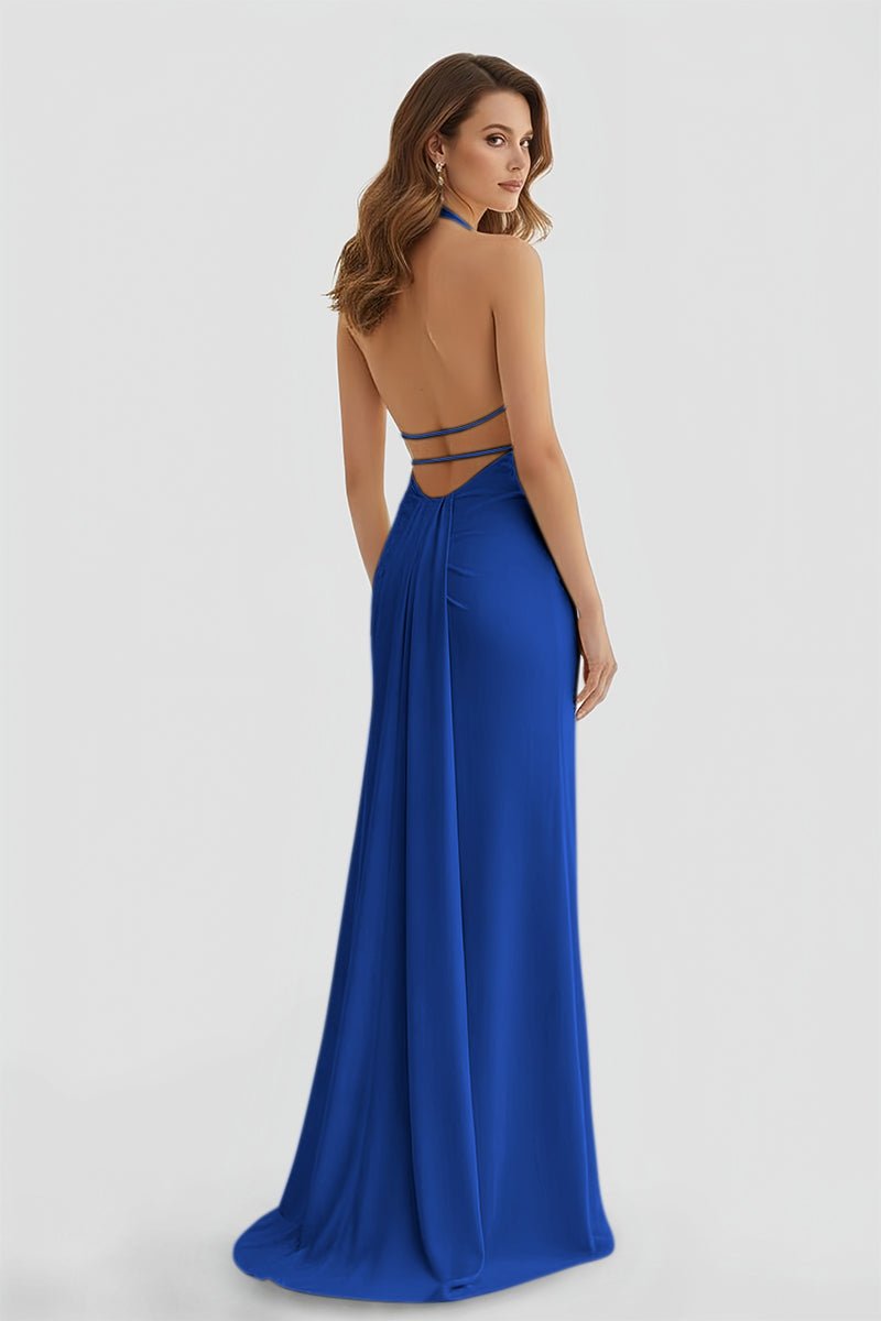 Mermaid Deep Halter Yellow Satin Long Prom Dresses with Slit