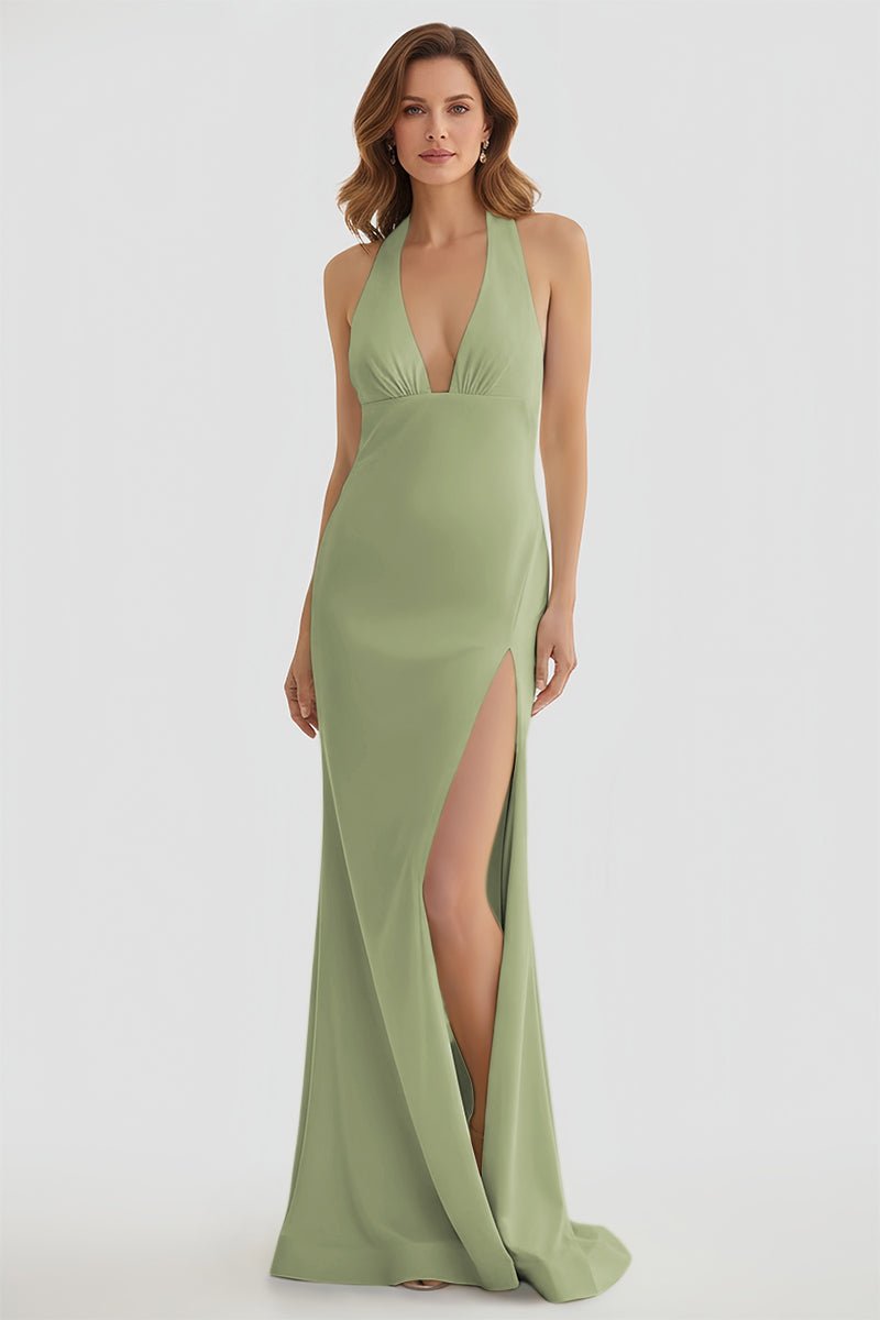 Mermaid Deep Halter Yellow Satin Long Prom Dresses with Slit