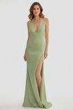 Mermaid Deep Halter Yellow Satin Long Prom Dresses with Slit