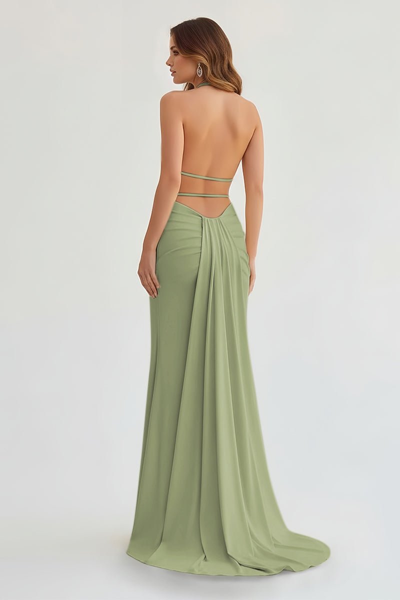 Mermaid Deep Halter Yellow Satin Long Prom Dresses with Slit