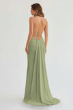 Mermaid Deep Halter Yellow Satin Long Prom Dresses with Slit