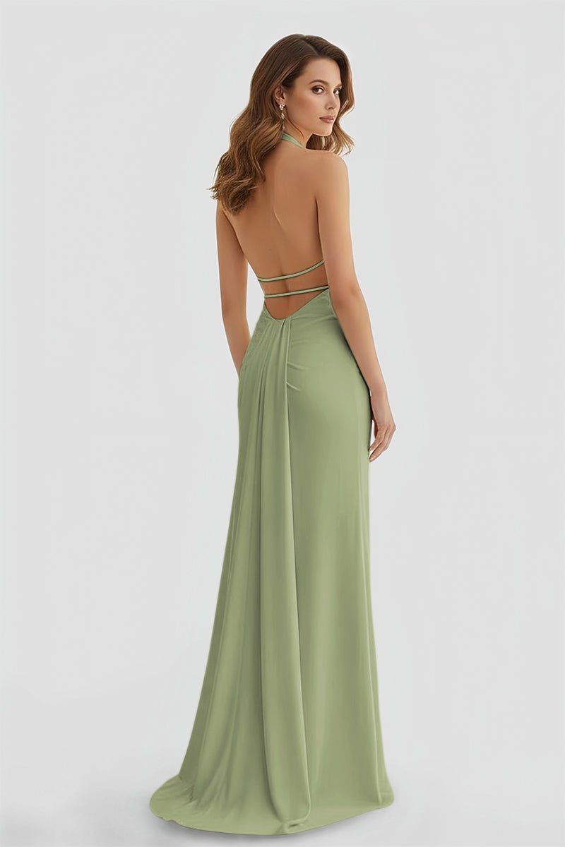 Mermaid Deep Halter Yellow Satin Long Prom Dresses with Slit