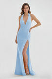 Mermaid Deep Halter Yellow Satin Long Prom Dresses with Slit
