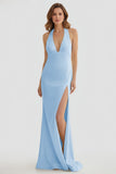 Mermaid Deep Halter Yellow Satin Long Prom Dresses with Slit