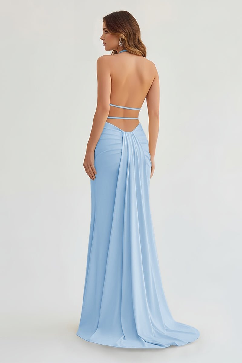 Mermaid Deep Halter Yellow Satin Long Prom Dresses with Slit
