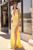 Mermaid Deep Halter Yellow Satin Long Prom Dresses with Slit