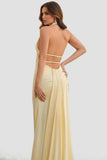 Mermaid Deep Halter Yellow Satin Long Prom Dresses with Slit