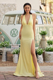 Mermaid Deep Halter Yellow Satin Long Prom Dresses with Slit
